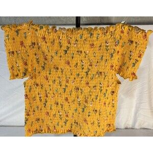 Cottagecore Smocked Floral Off-Shoulder Peasant Crop Top Yellow Women’s L Boho